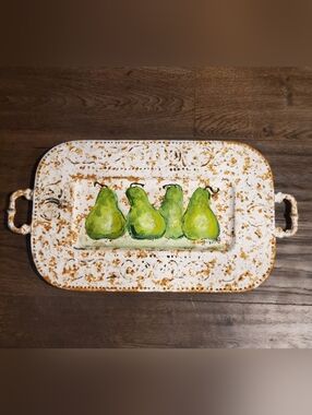 Vtg Hand-Painted Pear Serving Tray / Wall Decor Green Pears on Distressed White